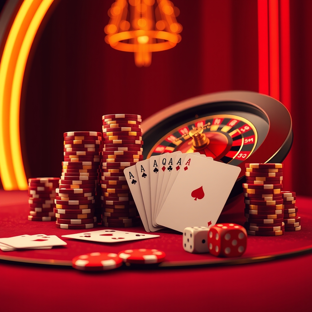 Roulette wheel, poker chips, cards and dice