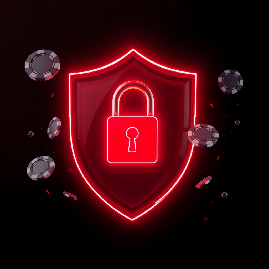 Neon security shield with padlock and casino chips
